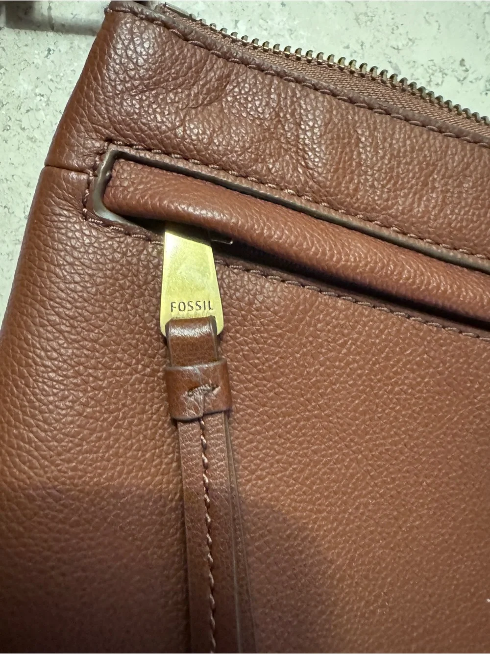 Fossil Leather Crossbody Bag, Cognac Brown, Pebbled Leather, with Brass Hardware